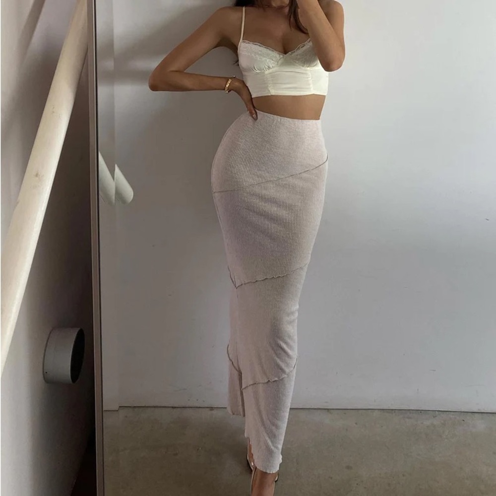 PrincessPolly Beige Ribbed Maxi Skirt